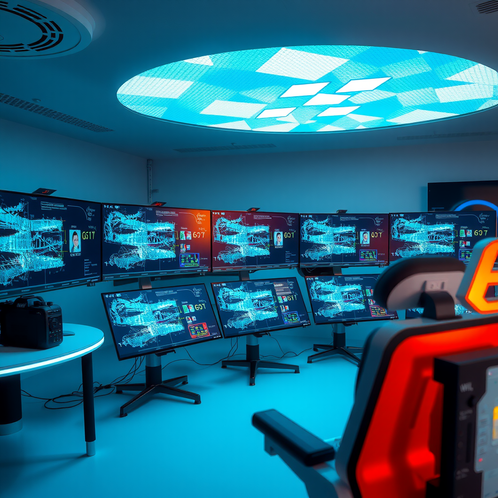 Advanced AI research laboratory showcasing stable video diffusion technology with multiple monitors displaying neural network architectures, video generation processes, and real-time diffusion model training visualizations