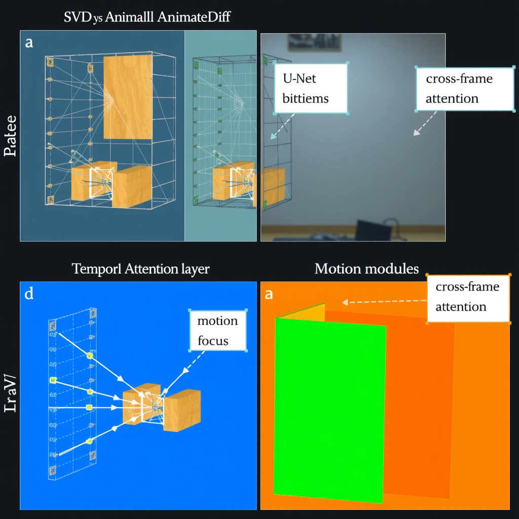 Detailed technical diagrams showing the internal architecture of SVD, AnimateDiff, and transformer-based models with labeled components including U-Net backbones, temporal attention layers, motion modules, cross-frame attention mechanisms, and data flow paths through the networks