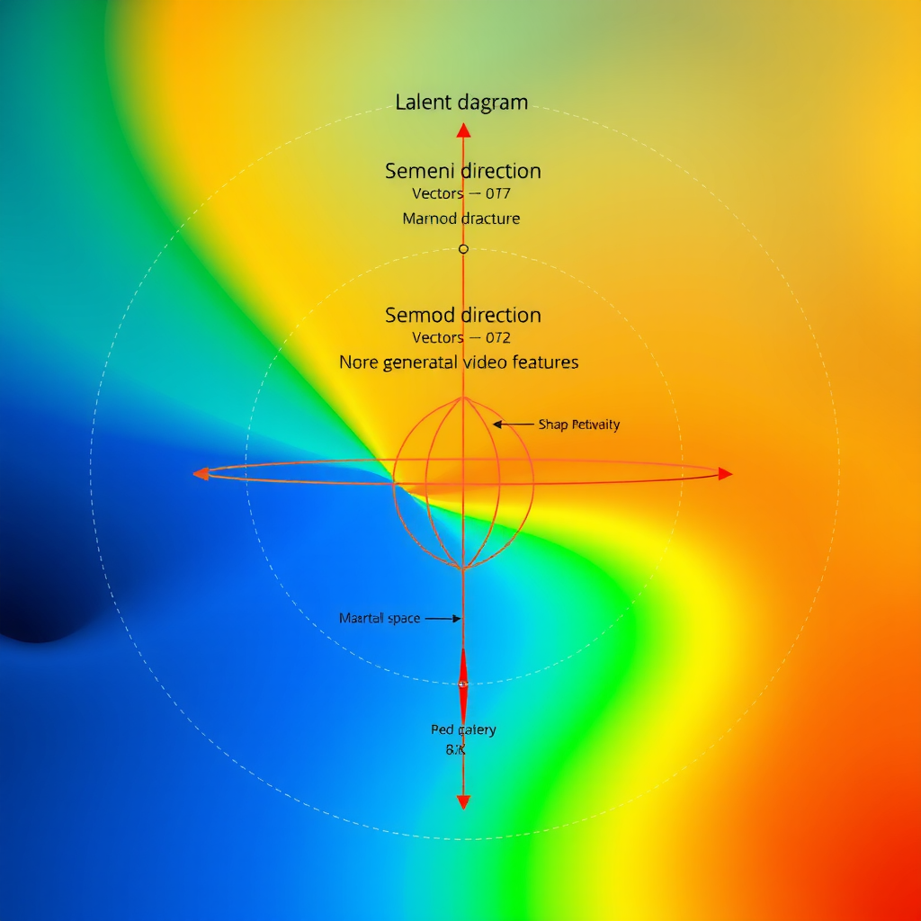 Detailed diagram illustrating the geometric structure of latent space in video diffusion models, showing manifold topology, semantic direction vectors, and the relationship between latent coordinates and generated video features