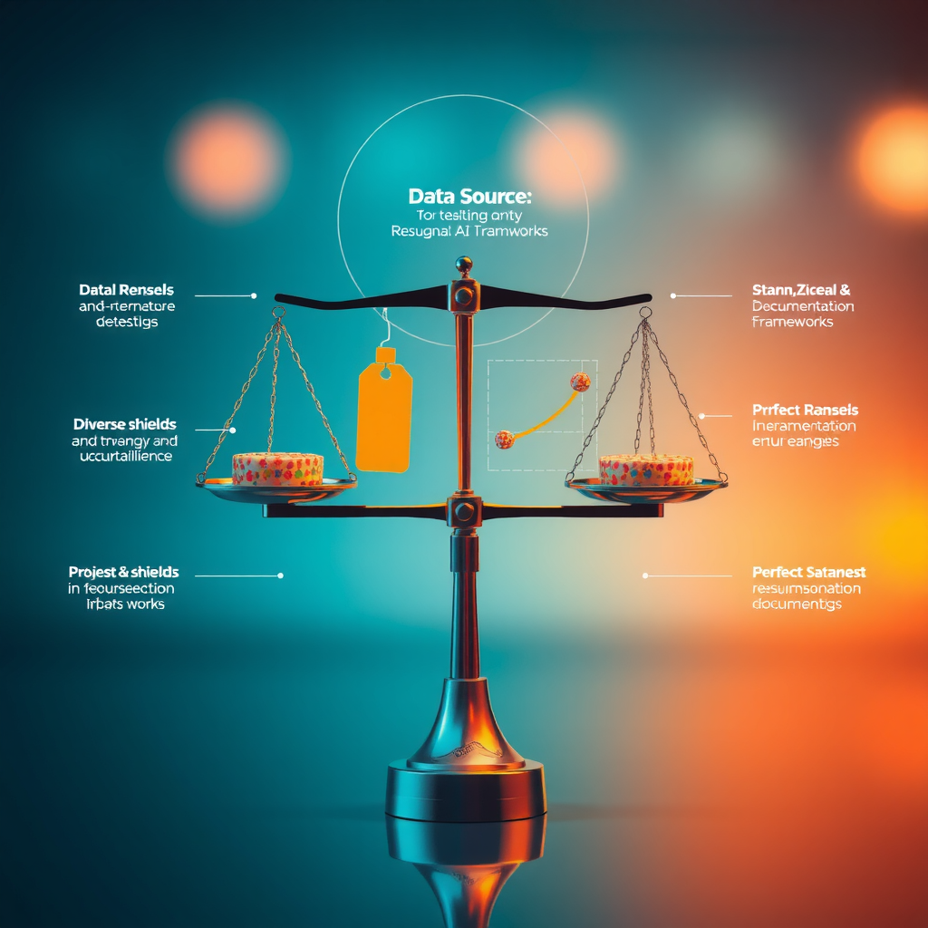 Conceptual illustration of ethical AI research showing balanced scales, diverse data sources, privacy shields, and transparent documentation frameworks representing responsible dataset curation and research integrity in machine learning
