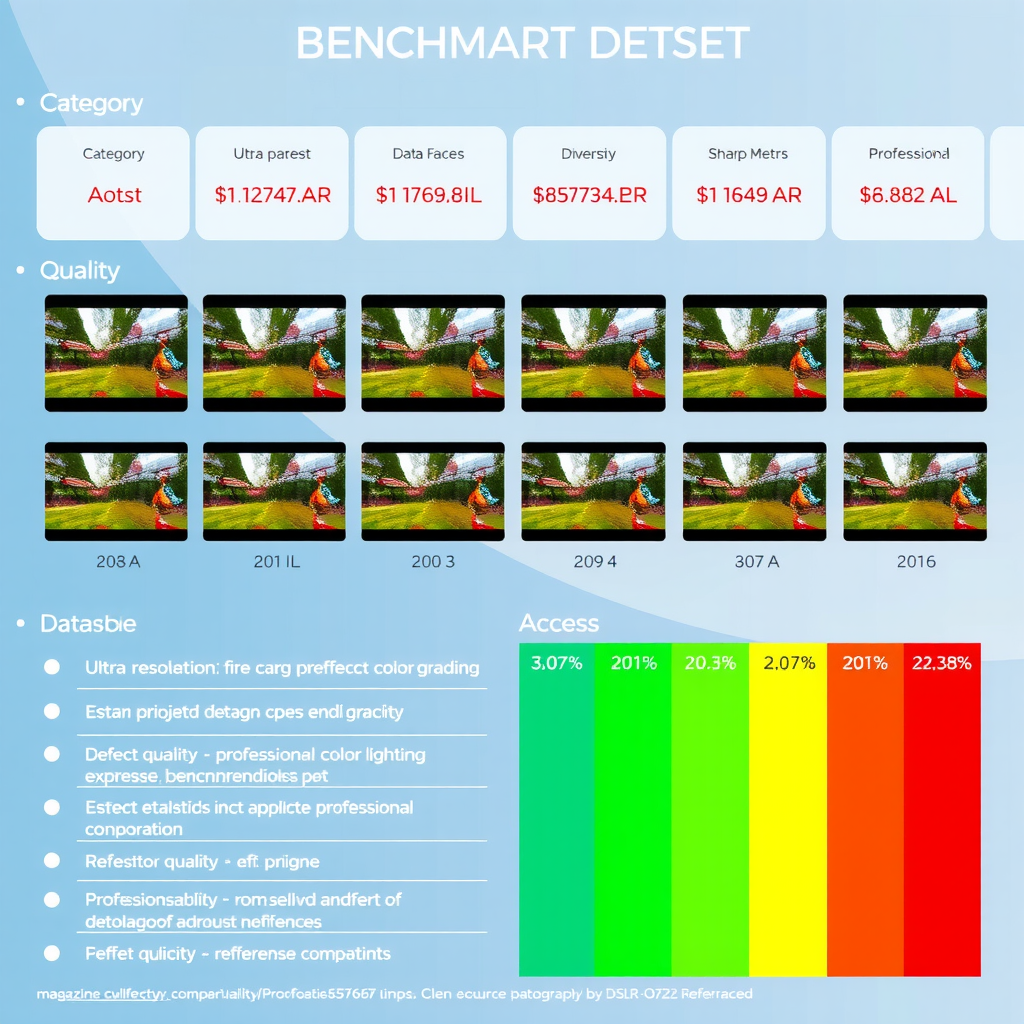 Visual representation of the open-source benchmark dataset showing sample video frames organized by category, quality metrics overlays, dataset statistics including size and diversity measures, and access information with repository links and documentation references