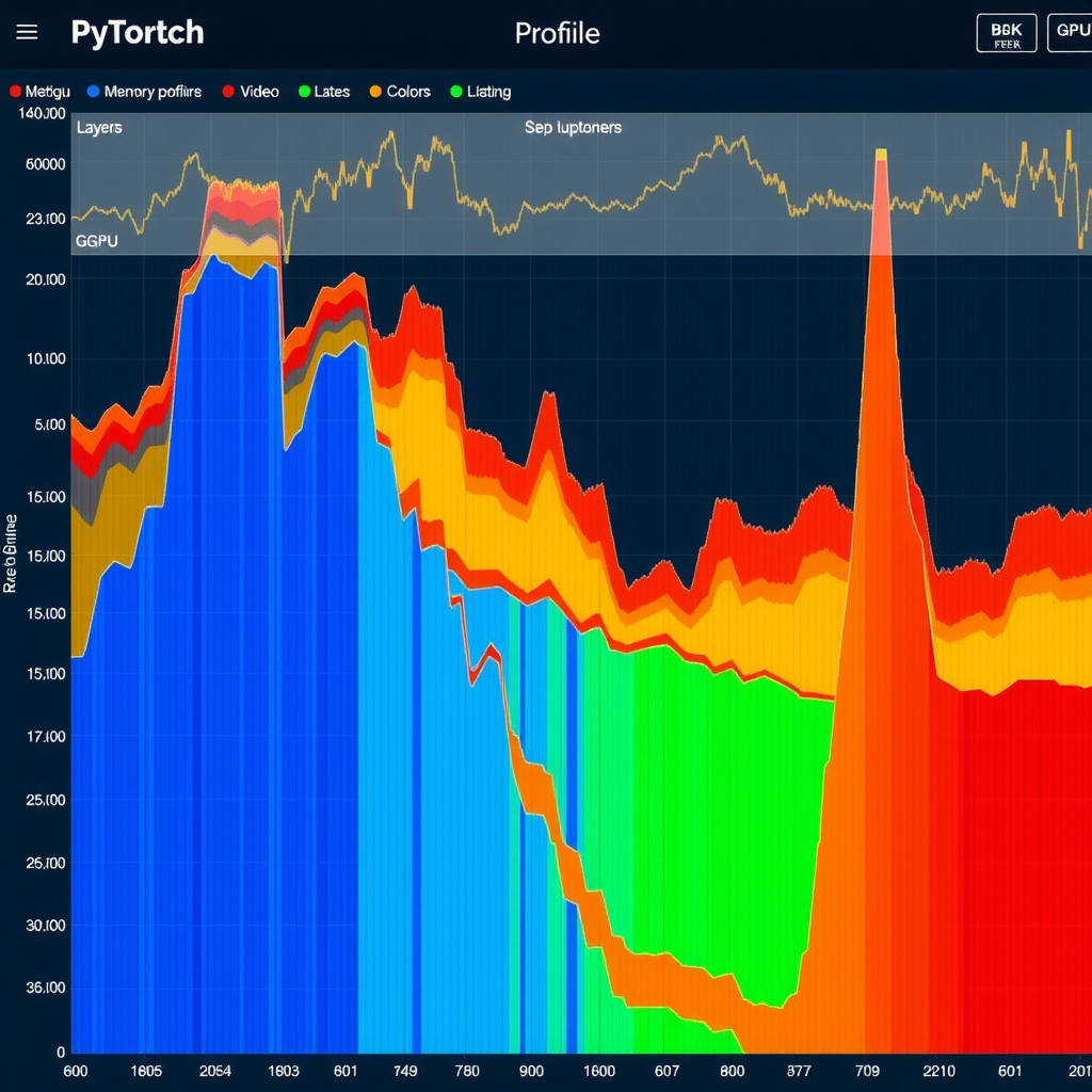 PyTorch Profiler flame graph visualization displaying detailed operation timing, memory usage patterns, and GPU utilization metrics for video diffusion model training with color-coded layers showing computational hotspots and optimization opportunities