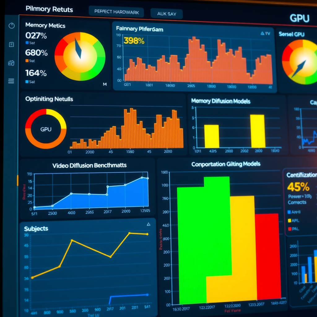 Technical dashboard showing GPU performance metrics, memory usage graphs, computational efficiency charts, and optimization benchmarks for video diffusion models across different hardware configurations