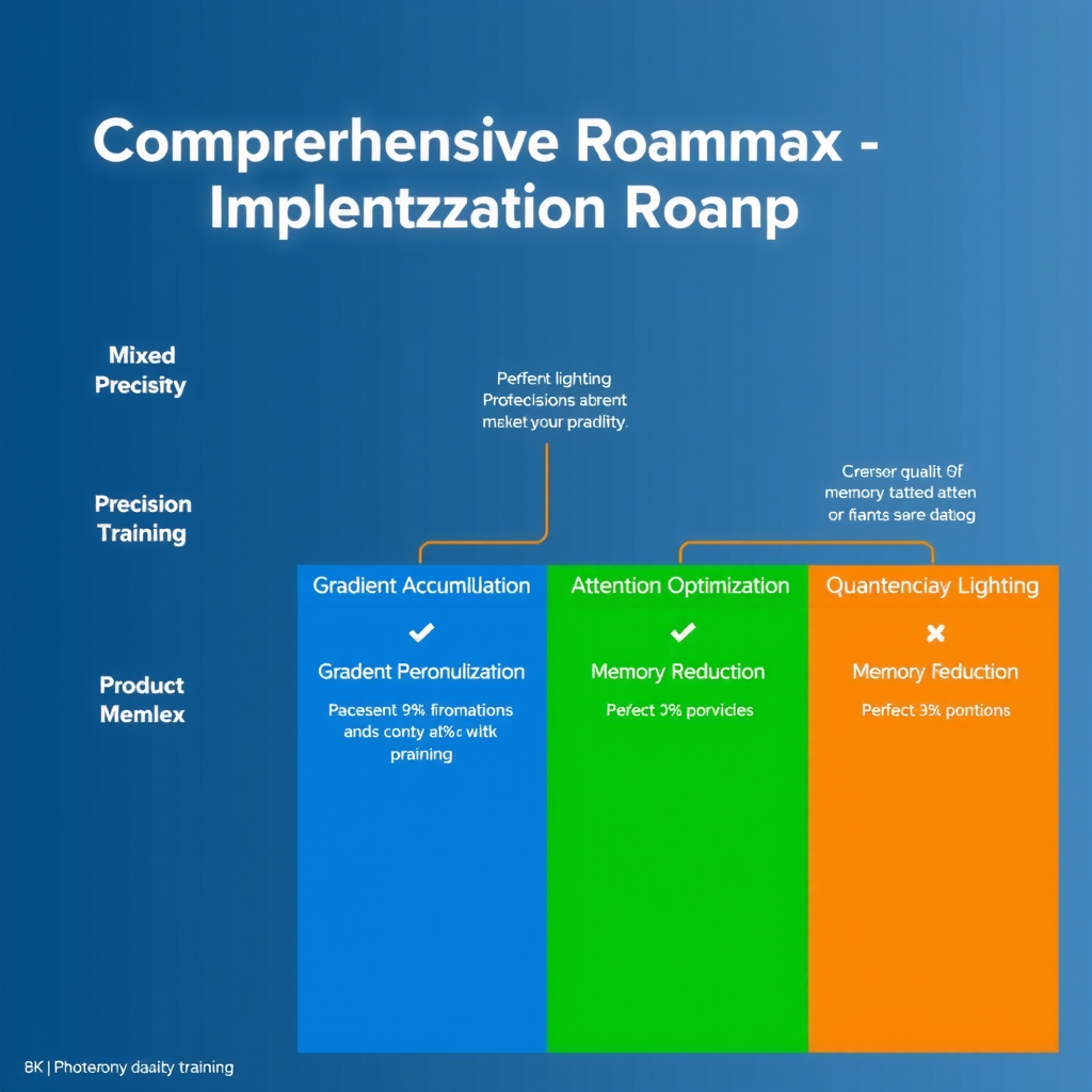 Comprehensive optimization implementation roadmap flowchart displaying sequential steps from mixed precision training through gradient accumulation, checkpointing, attention optimization, and quantization, with expected performance gains and memory reduction percentages at each stage