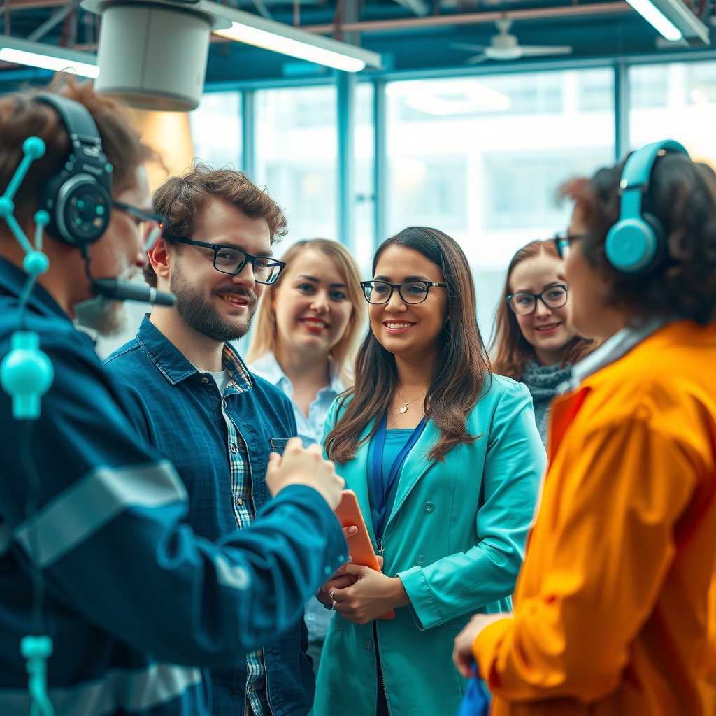 Conceptual visualization of collaborative AI research future showing diverse researchers working together with transparent data systems, ethical frameworks, and community engagement in a bright, optimistic setting with teal technological elements